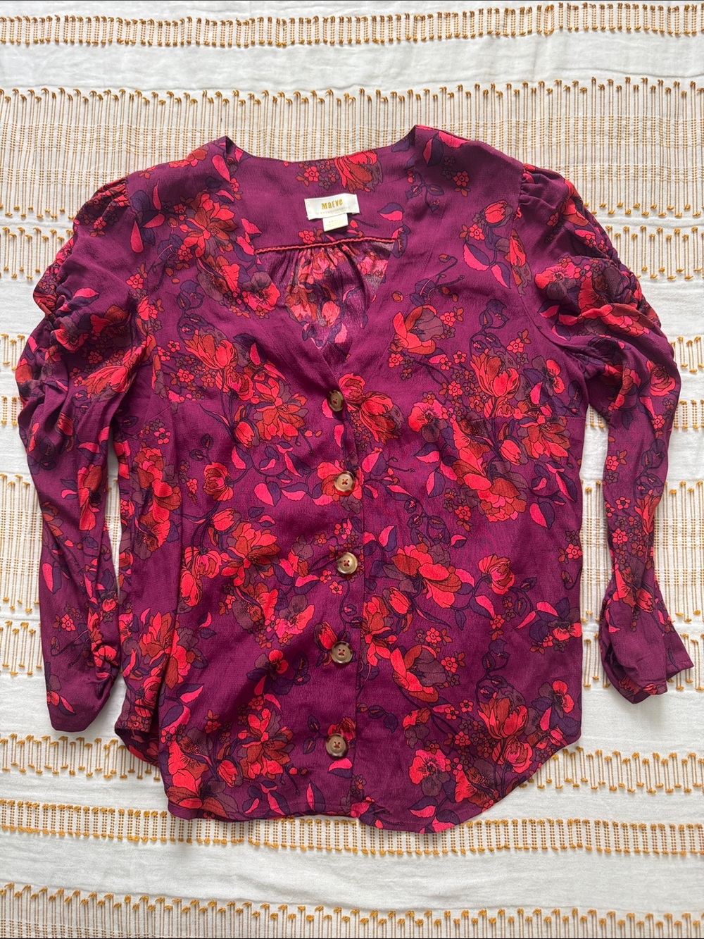 Maeve Anthropologie Button-Front Floral Blouse Magenta